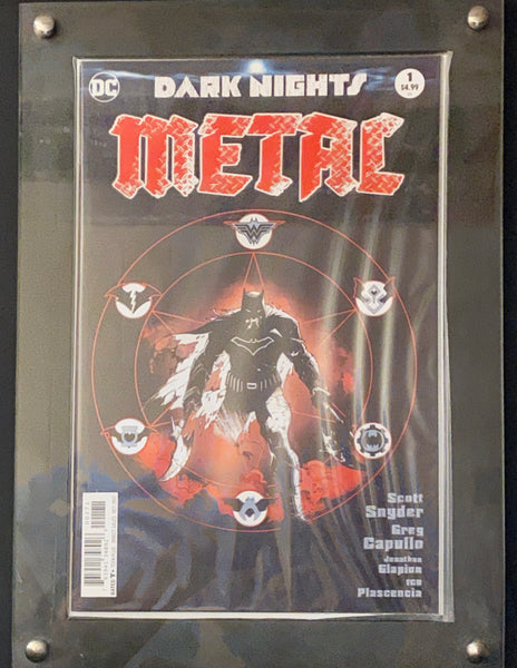 Dark Knight Metal no. 1 B&W Midnight Release Variant 1:100 encased in a black comic book display frame